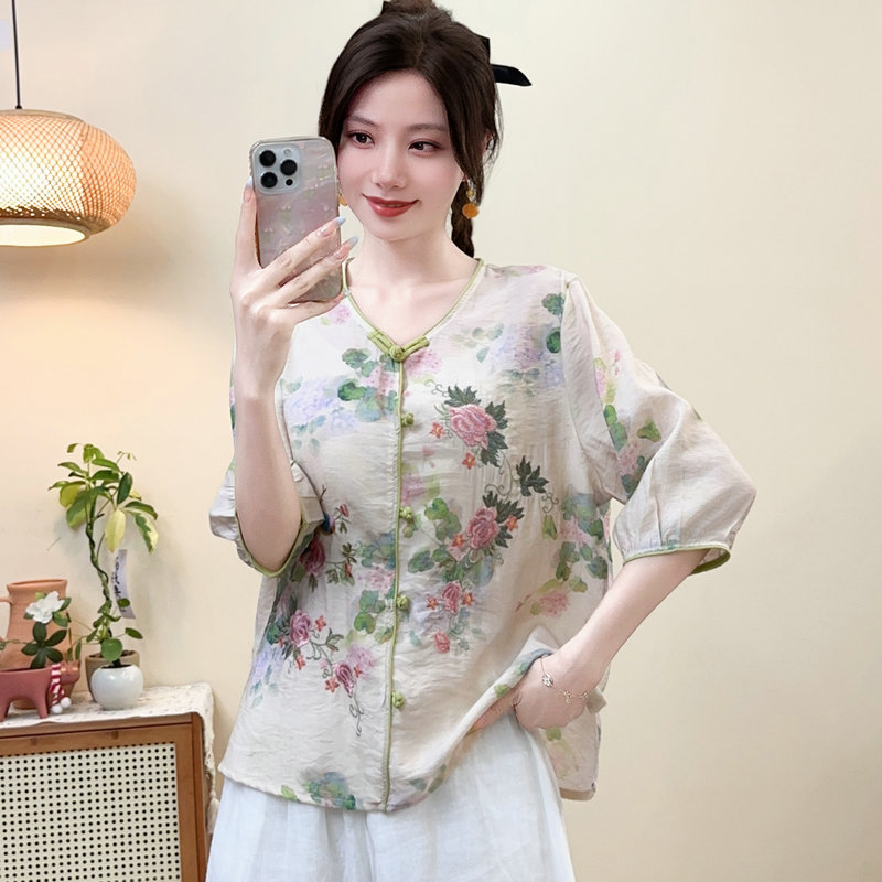 新中式国风刺绣印花苎麻衬衫女