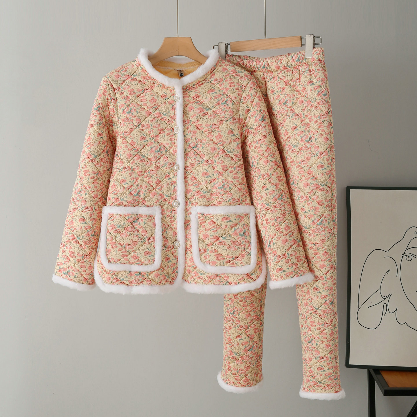 休闲碎花大花袄棉袄两件套女