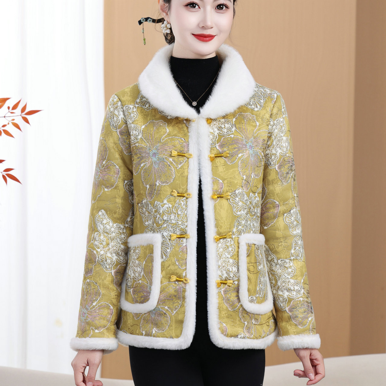 新中式复古盘扣唐装毛领棉衣棉袄
