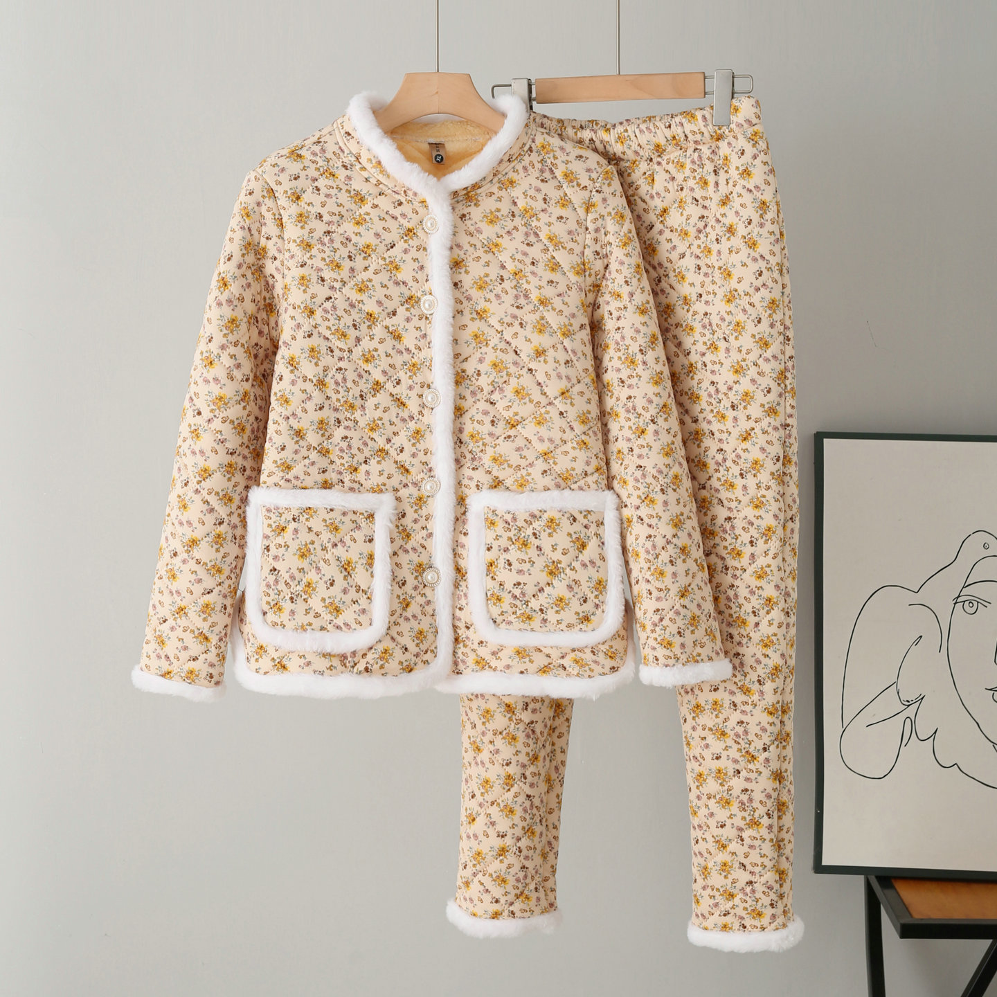 东北休闲大花袄棉袄两件套女