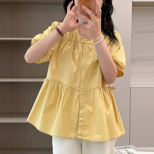 韩版 女2024夏季 宽松百搭短袖 新款 清新甜美小衫 收腰衬衫 显瘦娃娃衫