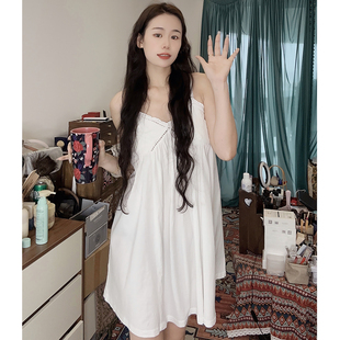 带胸垫吊带睡裙女夏季 家居服 纯棉薄款 纯欲风甜美蕾丝花边宽松大码