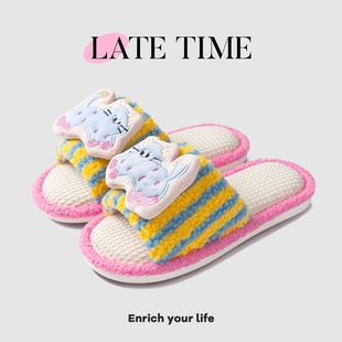 可爱猫咪亚麻拖鞋女款室内家居宿舍防滑透气少女心四季棉麻布拖鞋