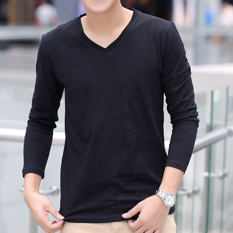 潮流男士纯棉V领新款长袖t恤