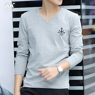 纯棉V领纯色秋季男士韩版潮流长袖T恤潮流男装打底衫上衣内搭体恤