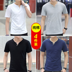男士 潮牌半袖 短袖 男装 体恤打底上衣 t恤纯棉扣子V领宽松新款 4件