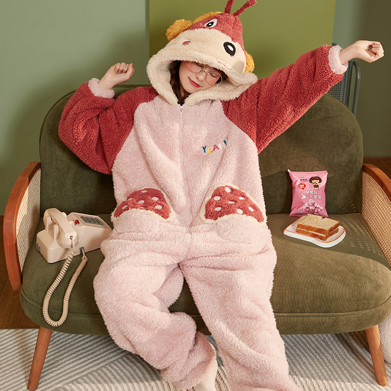 卡之恋睡衣女款2023新款秋冬珊瑚绒连体衣粉色连帽拉链可爱家居服