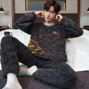 卡之恋男士睡衣冬季加绒加厚珊瑚绒卡通小熊绣花套装可外穿家居服