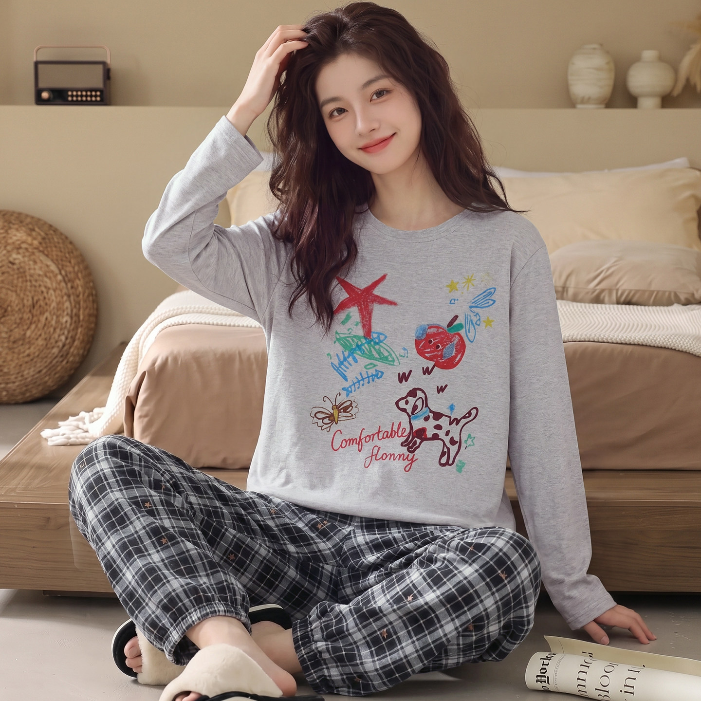 睡衣女款秋春加厚纯棉柔软长袖