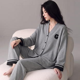 卡之恋睡衣长袖女款春秋季薄款纯棉高级感和服灰色长裤学生家居服