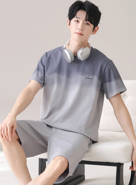 卡之恋睡衣男款夏季纯棉薄款短袖晕染短裤灰色宽松大码运动家居服