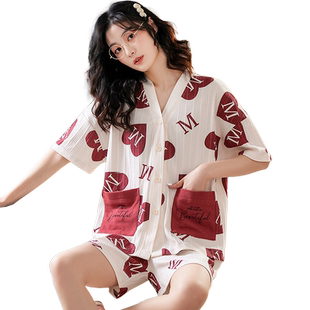 卡之恋睡衣女夏季纯棉薄款短袖开衫日式和服短裤学生可外穿家居服