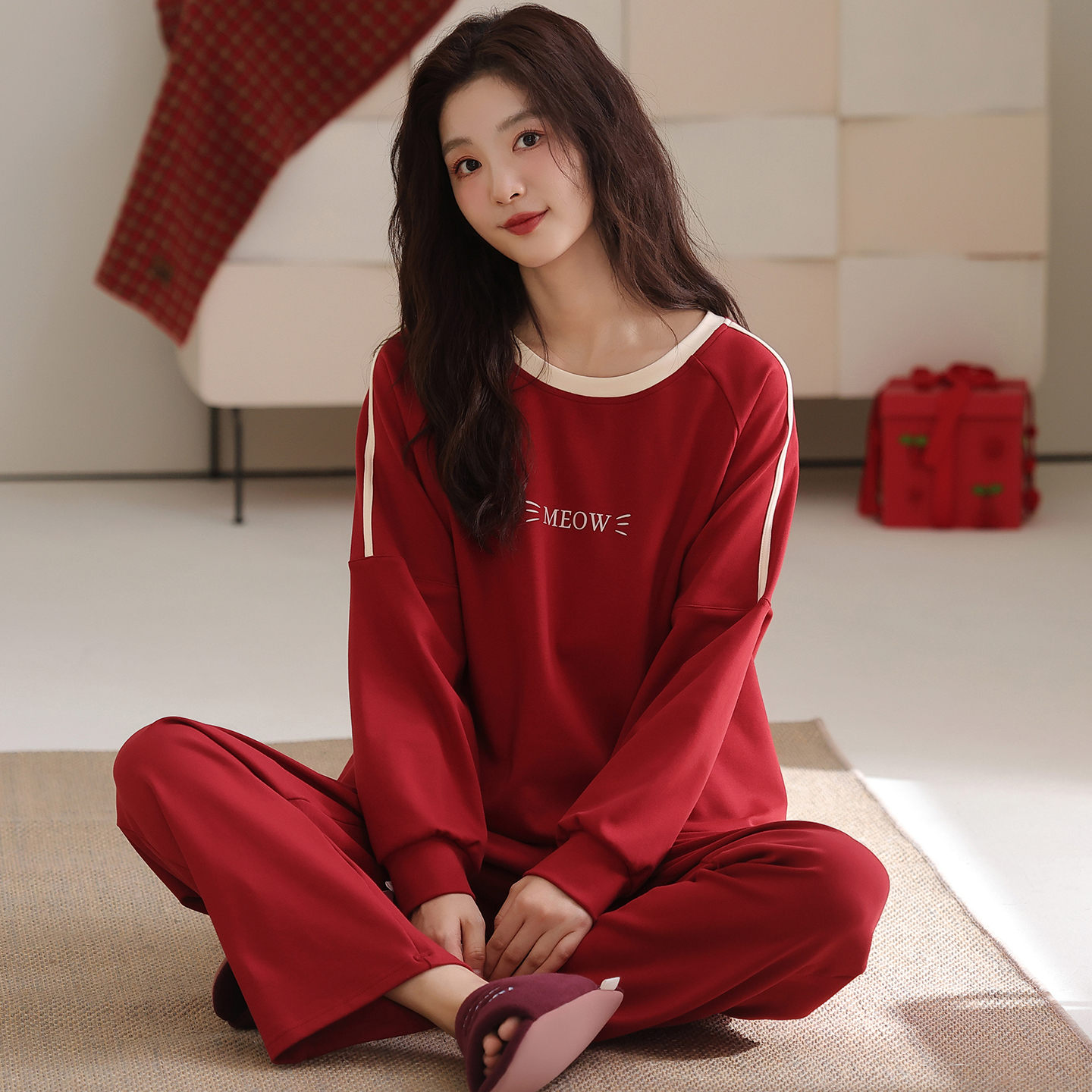 卡之恋红色睡衣女款秋冬季长袖纯棉加厚结婚新婚韩系可外穿家居服