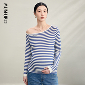 显瘦孕妇装 外穿修身 新品 孕妇斜肩条纹上衣莱赛尔天丝T恤春季