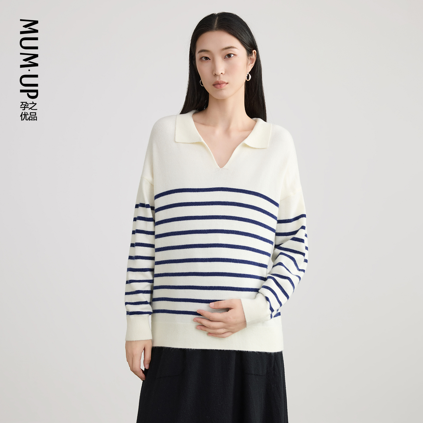 【新品】孕妇针织上衣秋新款V领条纹POLO衫羊毛针织衫孕妇装春秋