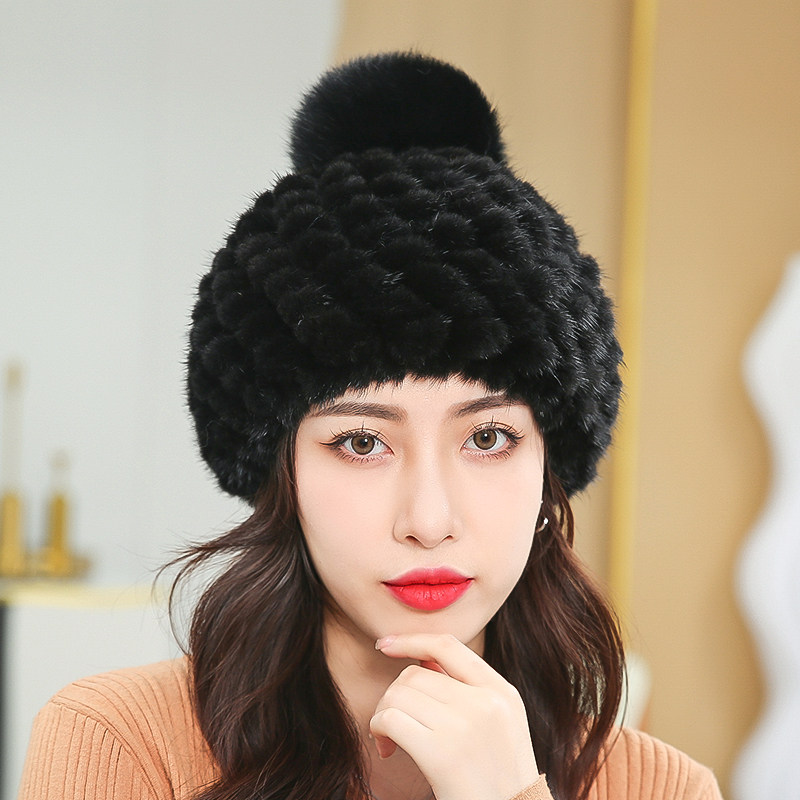 新款女士水貂毛护耳菠萝帽皮草编织贝雷帽狐狸毛球皮草保暖帽子女