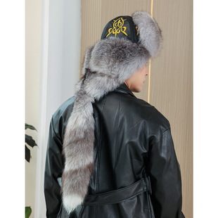 图马克冬季护耳蒙古帽民族风狐狸毛雷锋帽男女长尾可拆卸皮草帽子