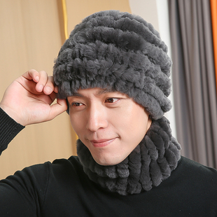 老人帽子男士冬季獭兔毛皮草帽围巾真毛加厚保暖中年父亲爷爷棉帽