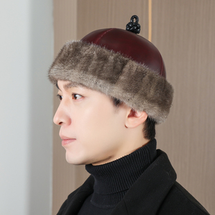 中老年水貂毛帽子男牛皮圆顶王爷帽蒙古帽老人老头棉帽地主帽冬季