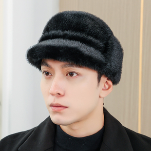 仿水貂帽子男中老年仿貂毛鸭舌帽冬天户外保暖爸爸皮草棉帽雷克帽