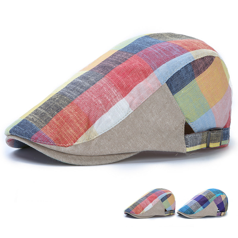 春秋薄款韩版彩色格子鸭舌前进帽子男女士夏季贝雷帽户外遮阳帽潮