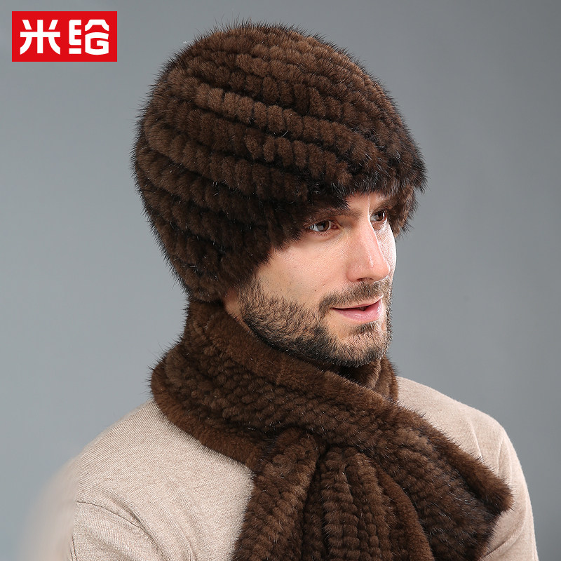 水貂毛皮草帽子男冬季户外加厚保暖护耳中老人爸毛线针织帽围巾女