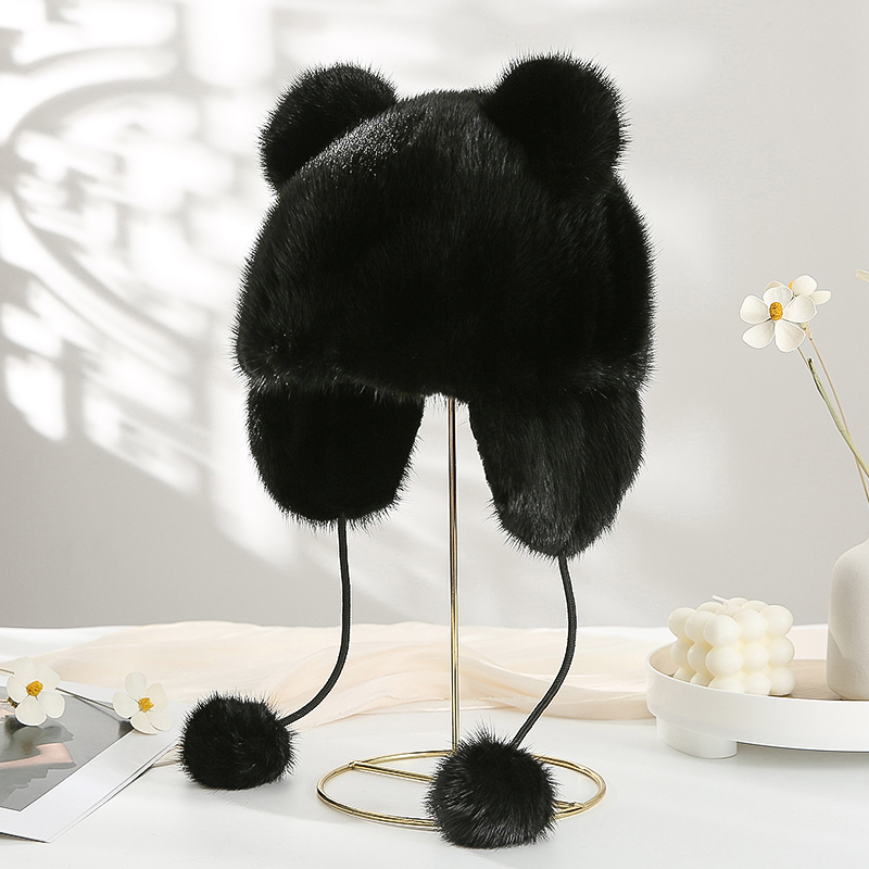 新款水貂皮帽子女冬季保暖少年儿童可爱猫耳朵护耳真水貂毛皮草帽