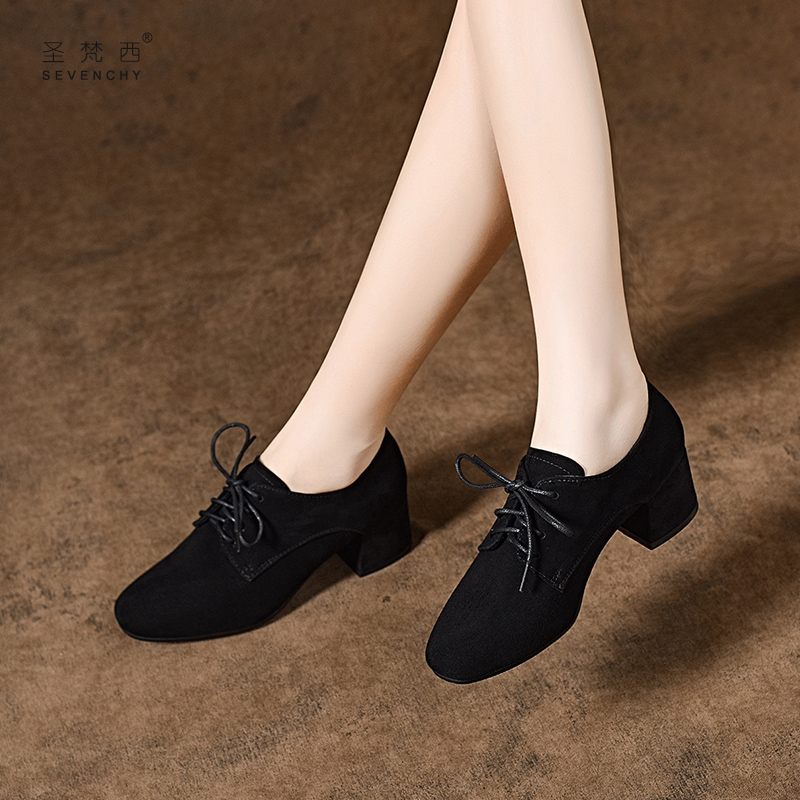 2025新款秋季女鞋磨砂粗跟系带深口单鞋春秋款绒面女士中跟真皮鞋