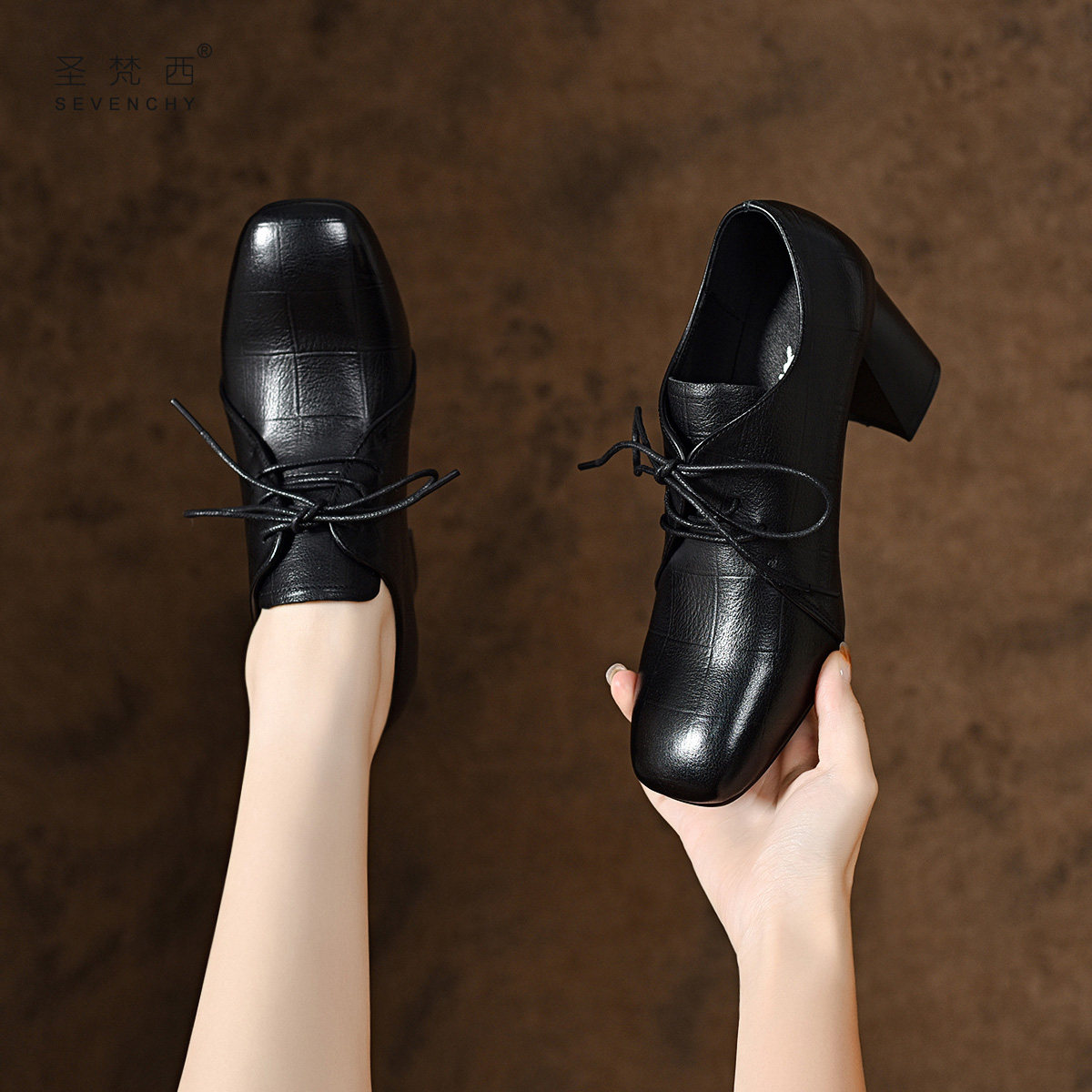 2025新款秋季女鞋女士方头系带粗跟高跟鞋秋冬软皮深口单鞋真皮鞋,女鞋,深口单鞋,淘宝优惠券,粉丝福利购,淘宝优惠卷