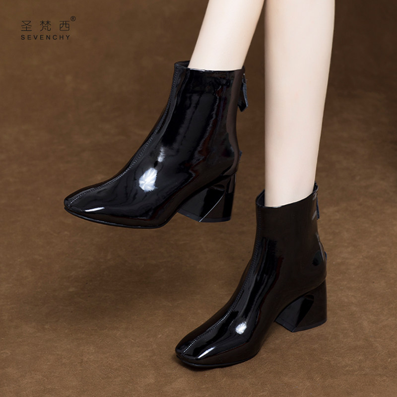 2025新款方头漆皮粗跟小短靴女春秋单靴软皮高跟真皮鞋中跟马丁靴,女鞋,时装靴,淘宝优惠券,粉丝福利购,淘宝优惠卷