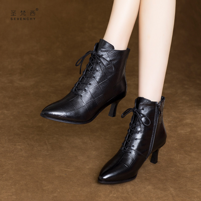 2025年新款尖头系带女鞋细跟小跟短靴高跟鞋秋冬季中跟真皮鞋踝靴,女鞋,时装靴,淘宝优惠券,粉丝福利购,淘宝优惠卷