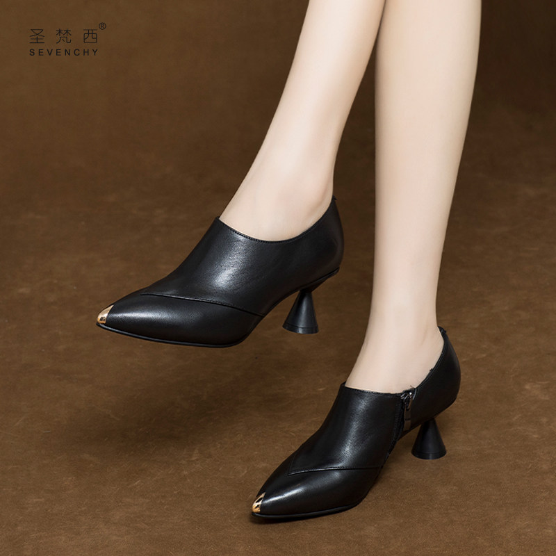 2023新款秋季女鞋尖头小跟深口单鞋高跟鞋软皮细跟中跟真皮鞋春秋,女鞋,深口单鞋,淘宝优惠券,粉丝福利购,淘宝优惠卷