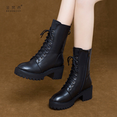 厚底粗跟马丁靴高跟短靴加绒真皮鞋 2025年新款 秋冬季 中筒女靴子棉