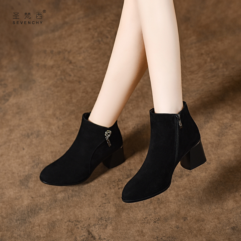 2025新款女士绒面高跟鞋粗跟短靴女秋冬气质妈妈中跟真皮鞋女靴子