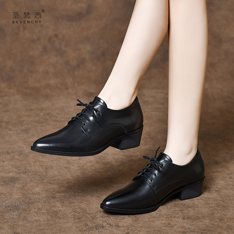 圣梵西舒适粗跟尖头系带小皮鞋