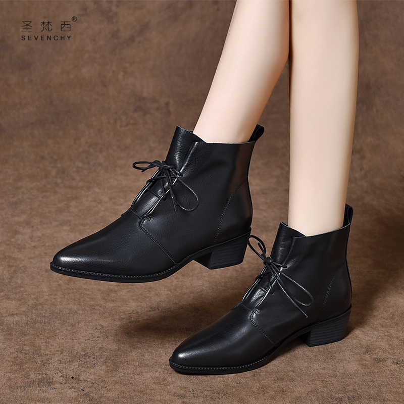 圣梵西粗跟休闲系带真皮短靴