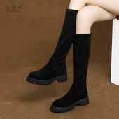 2025新款 秋冬厚底瘦瘦靴平底加绒长筒靴女小个子高筒弹力靴女靴子