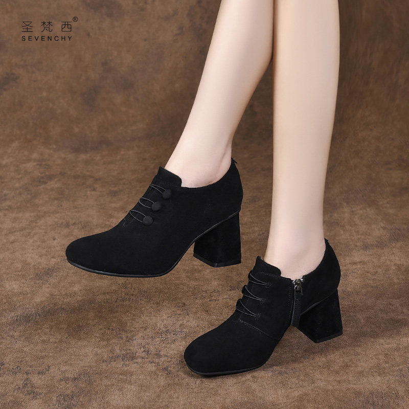 2025新款法式气质女鞋方头粗跟高跟鞋软皮绒面深口单鞋真皮鞋春秋,女鞋,深口单鞋,淘宝优惠券,粉丝福利购,淘宝优惠卷