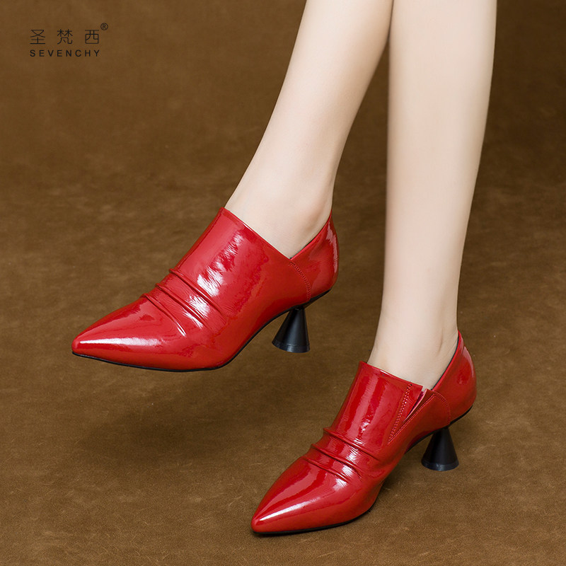 2021年新款秋季尖头单鞋女小跟半高跟鞋细跟红色深口真皮鞋春秋款,女鞋,深口单鞋,淘宝优惠券,粉丝福利购,淘宝优惠卷