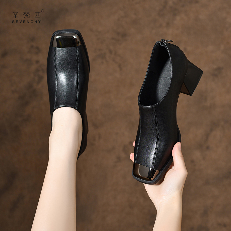 2025新款秋款女鞋法式方头粗跟深口单鞋女时尚百搭中跟真皮鞋春秋