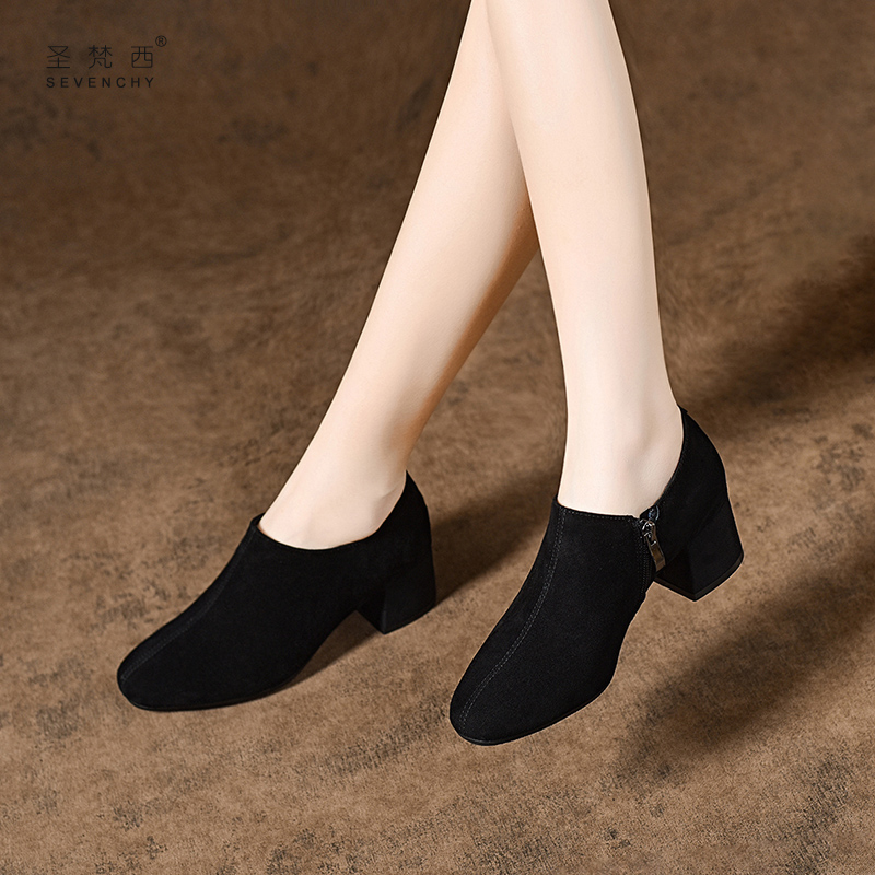 2025新款秋季女鞋圆头粗跟磨砂深口单鞋春秋款百搭绒面中跟真皮鞋