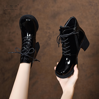 2025新款软皮漆皮大头马丁靴女款秋冬英伦风粗跟小短靴高跟真皮鞋