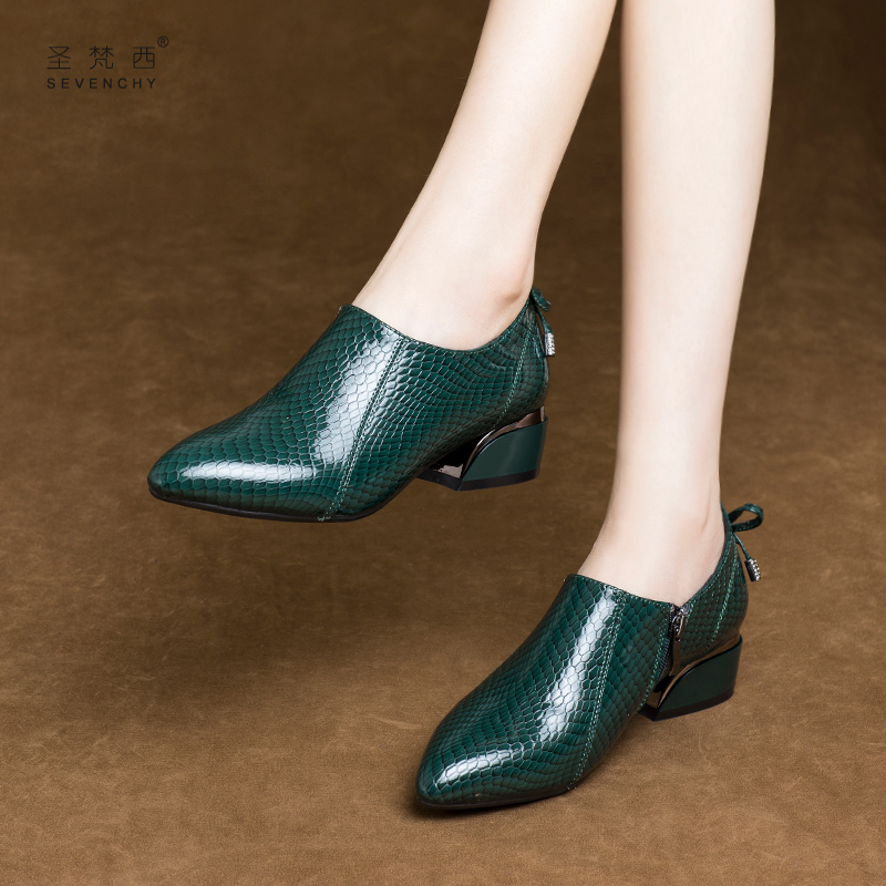 圣梵西尖头气质真皮深口单鞋