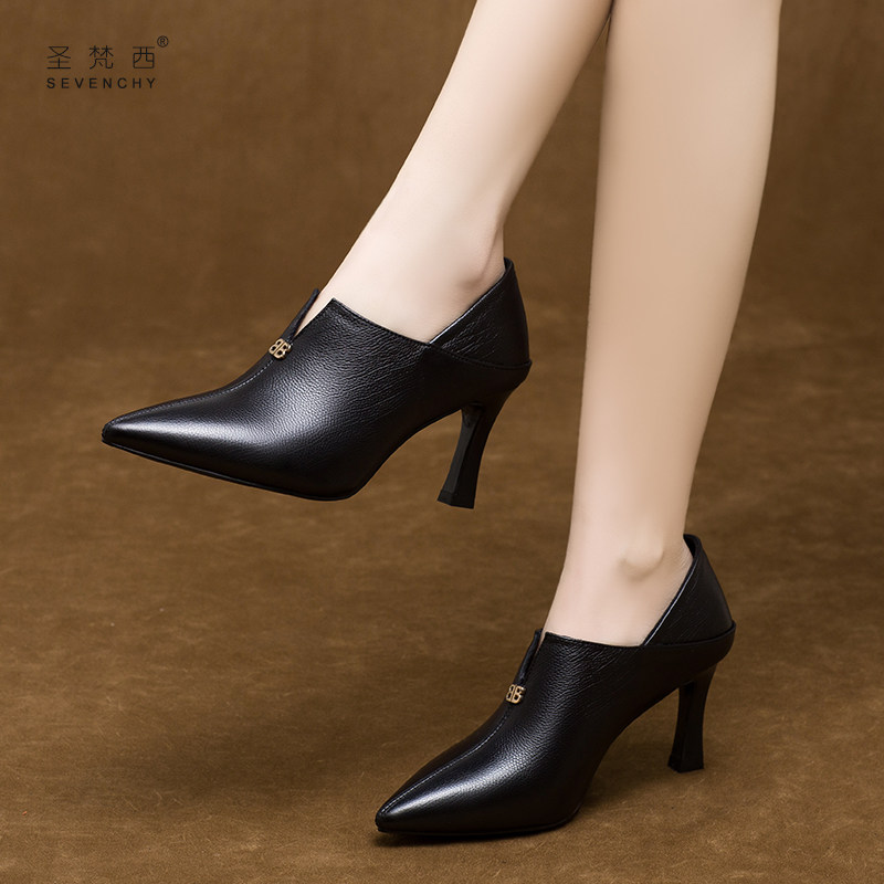 v口高跟鞋2023年新款春秋季尖头细跟深口单鞋气质女鞋软皮真皮鞋,女鞋,深口单鞋,淘宝优惠券,粉丝福利购,淘宝优惠卷