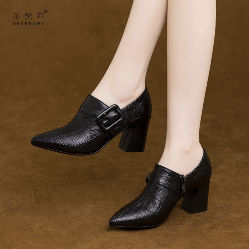2025年新款秋季女鞋尖头气质粗跟高跟鞋软皮深口单鞋女春秋真皮鞋,女鞋,深口单鞋,淘宝优惠券,粉丝福利购,淘宝优惠卷