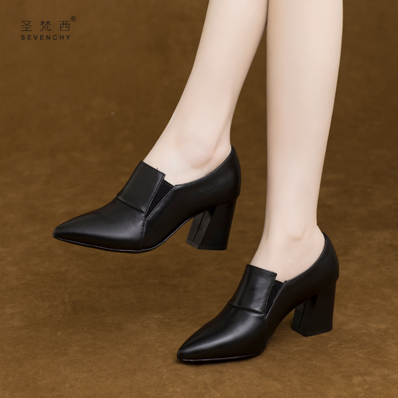 圣梵西舒适粗跟软皮真皮高跟鞋