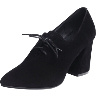 2025新款尖头系带高跟鞋软皮绒面气质粗跟深口单鞋秋冬女鞋真皮鞋