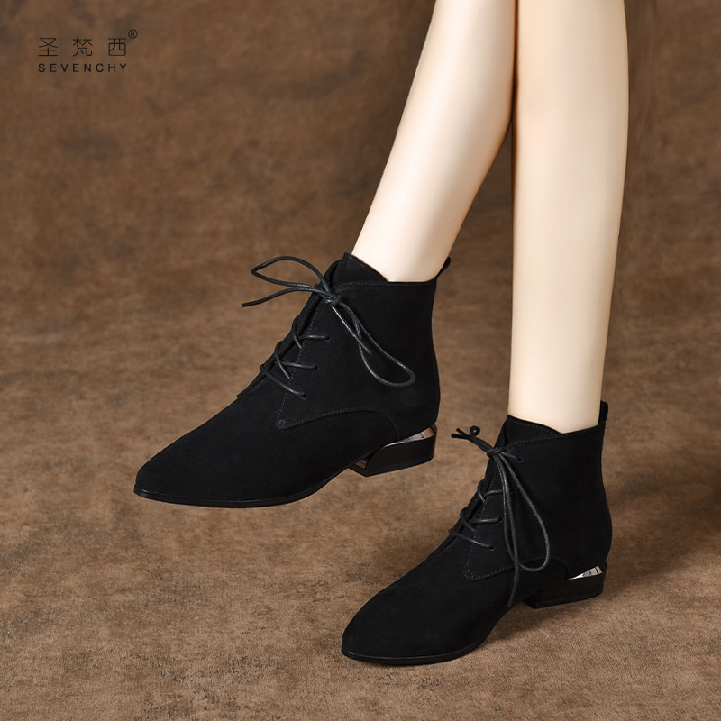2025新款女士春秋季尖头磨砂系带真皮小短靴女秋冬平底皮鞋马丁靴,女鞋,时装靴,淘宝优惠券,粉丝福利购,淘宝优惠卷