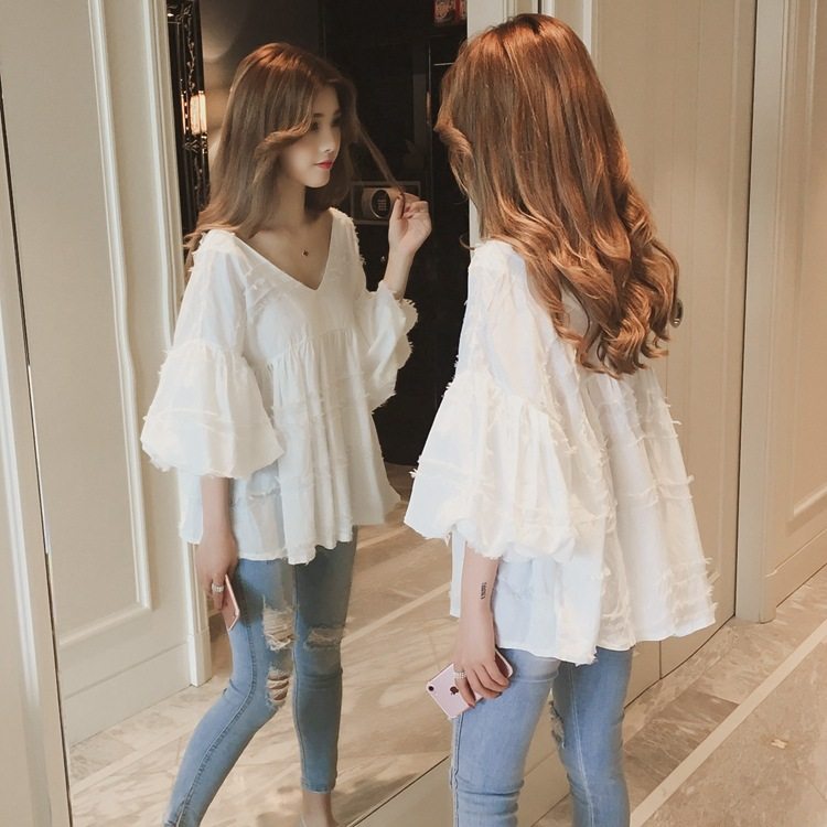 。2020新款夏季中长款蓬蓬上衣半袖女衣服温柔风甜美日系蕾丝雪纺