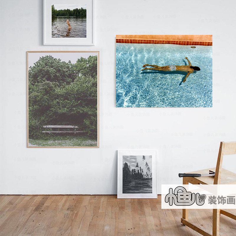 大卫霍克尼《游泳者》装饰画小众挂画书房墙画电表箱无框画油画